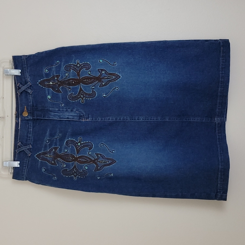 Jane Seymour Signature Embroidered Beaded Denim Skirt 8